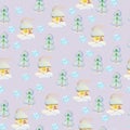 Watercolor Snowflakes and houses, trees seamless pattern lilac background pattern Christmas patern Cute pattern Royalty Free Stock Photo