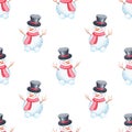 Watercolor snowman in black cylinder seamless pattern on white background