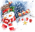 Watercolor snowman and cute bird. Royalty Free Stock Photo