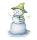 Watercolor Snowman Illustration in Green Hat