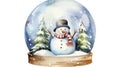 Watercolor snowman in a snowglobe. Christmas illustration. Generative AI Royalty Free Stock Photo