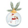 Watercolor snowman in transparent glass ball, ornament for Christmas tree, hand drawing not AI Royalty Free Stock Photo