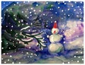 Watercolor snowman in winter christmas forest