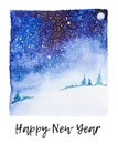 Watercolor snowy field illustration with artistic brushy happy new year lettering below like in momentary photo Royalty Free Stock Photo