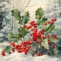 Watercolor Snowy Forest Scene Featuring Holly & Berries