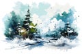 Watercolor snowy road in the winter forest. Christmas landscape