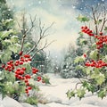 Watercolor Snowy Scene Showing Holly & Berries in the Foreground