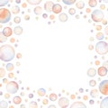 Watercolor soap air bubbles square frame in romantic pastel colors, Undersea nautical illustration isolated on white