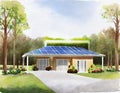 Watercolor of Solar carport with house technology cut