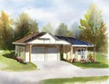 Watercolor of Solar carport with house technology cut