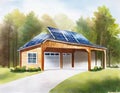 Watercolor of Solar carport with house technology cut