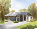 Watercolor of Solar carport with house technology cut