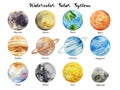 Watercolor solar syatem planets on white background. Sun, Mercury, Venus, Earth, Mars, Jupiter, Saturn, Uranus, Neptune, asteroid Royalty Free Stock Photo