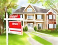 Watercolor of Sold Home For Sale Real Estate Sign in Front of House Royalty Free Stock Photo