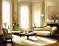 Watercolor of Sophisticated classic living room boasting AI