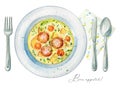 Watercolor soup on a plate, cutlery and napkin