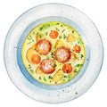 Watercolor soup on a plate with meatballs, dill, potatoes and ca