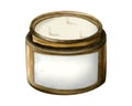 Watercolor soy scented candle with three wicks in brown ceramic jar. Aromatherapy relaxation illustration on white