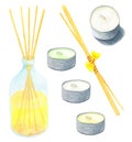 Watercolor spa aromatherapy set. Hand drawn floating candles, wooden aroma sticks in glass bottle with essential oil. Elements for