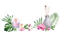 Watercolor SPA background. Refresher with orchid flowers, tropical leaves, aroma candles. Horizontal banner with place