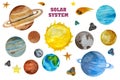 Watercolor Space Clipart, Solar System Planets, Space Earth Moon Jupiter Pluto. Watercolor set of Universe Royalty Free Stock Photo