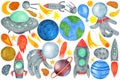 Watercolor Space Clipart. Spaceman Spaceship Planet Stars