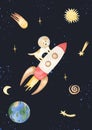 Watercolor space elements: stars, planet, astronaut, spaceship, dog, earth illustration. Planets of the Solar System poster set. Royalty Free Stock Photo