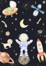Watercolor space elements: stars, planet, moon, astronaut, spaceship, dog, alien illustration. Planets of the Solar System poster Royalty Free Stock Photo