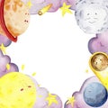 watercolor space moon stars comet sun planets frame