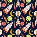 Watercolor space pattern, stars, planets, giraffe, rocket, moon on a dark background. Pattern for various products etc.