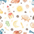 Watercolor Space seamless Paper, Planets, Star, Moon, Astronaut paper, Aliens Ship, Robots, repeat pattern for fabric, Boy Royalty Free Stock Photo