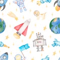 Watercolor Space seamless Paper, Planets, Star, Moon, Astronaut paper, Aliens Ship, Robots, repeat pattern for fabric, Boy Royalty Free Stock Photo