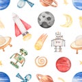 Watercolor Space seamless Paper, Planets, Star, Moon, Astronaut paper, Aliens Ship, Robots, repeat pattern for fabric, Boy Royalty Free Stock Photo