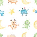 Watercolor Space seamless Paper, Planets, Star, Moon, Astronaut paper, Aliens Ship, Robots, repeat pattern for fabric, Boy Royalty Free Stock Photo