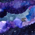 Watercolor space texture with glowing stars. Night starry sky with paint strokes and swashes. Vector illustration.