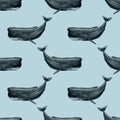 Watercolor Sperm Whale seamless pattern. Blue background Royalty Free Stock Photo