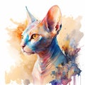 Watercolor sphinx cat portrait, colorful painting. Realistic pet, animal illustration. Created with Generative AI technology