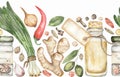 Watercolor spices seamless border for cooking designs, hand drawn spices, root ginger, onion, garlic, paper clipart, repeat frame