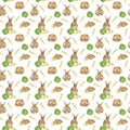 Watercolor sping Easter rabbit seamless pattern. Scrapbook paper design with funny bunny and vegetables carrot on white