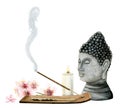 Watercolor spiritual Buddha statue and burning aroma stick with candle and pink flowers for relaxation, meditation