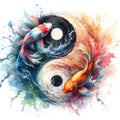 watercolor of splash dancing of the Yin Yang Koi on the surface of the water. Royalty Free Stock Photo