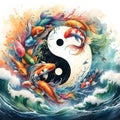 watercolor of splash dancing of the Yin Yang Koi on the surface of the water. Royalty Free Stock Photo