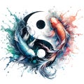 watercolor of splash dancing of the Yin Yang Koi on the surface of the water. Royalty Free Stock Photo