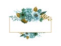 Watercolor splash elegant vintage garden botanical blue green gold flower border hand painted