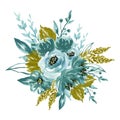 Watercolor splash elegant vintage garden botanical blue green gold flower bouquet hand