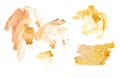 Watercolor splash gold abstract background. Orange water stains. Hand drawing print. Summer wallpaper, postcards