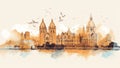 Watercolor splash with hand drawn sketch of Gateway of India Mumbai, India in illustration Royalty Free Stock Photo