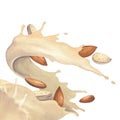 Watercolor splash of milk and almonds isolated on the white background