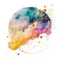 Watercolor splash sky clouds stars blot splatter stain. Round pattern. Gold glitters. Colorful watercolor brush stroke, circle. Royalty Free Stock Photo