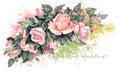 Watercolor splash on white background with bouquet of roses. Illustration for decor. Royalty Free Stock Photo